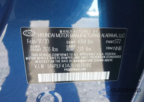 2020 Hyundai Sonata Sel z USA, uszkodzony, nr VIN 5NPEF4JA2LH038193
